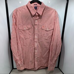 IZOD Slim Fit Button Front Shirt Men Size Medium Salmon Striped Long Sleeve